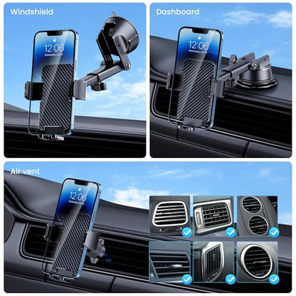 GUWEZ Phone Holders for Your Car [Military Grade Suction Ultra Strong Base] Cell Phone Car Holder 3 in 1 Dashboard/Windshield/Air Vent Hands-Free for Video Installation Kit iPhone Android
