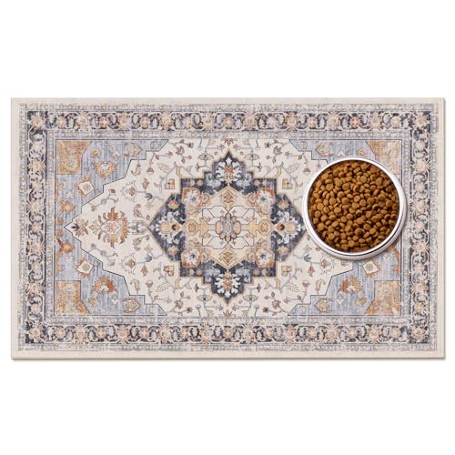 Boho Dog Feeding Mat, Absorbent Cat Matt for Food, Non Slip Pet Water Bowl Placemat Small for Floor, Cream & Terracotta & Blue Indoor Dog Eating Dish Mat 12"x20" - color: Cream & Terracotta & Blue, size: 12"L x 20"W