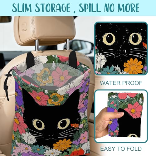 Car Garbage Bag A Black Cat Hiding Behind Flowers Drawstring Car Trash Bag Hanging for Back Seat with Adjustable Buckle Canvas Vehicle Trash Can Easy-to-Install - color: A Black Cat Hiding Behind Flowers