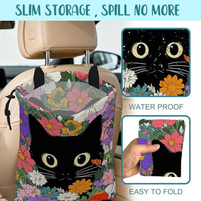 Car Garbage Bag A Black Cat Hiding Behind Flowers Drawstring Car Trash Bag Hanging for Back Seat with Adjustable Buckle Canvas Vehicle Trash Can Easy-to-Install - color: A Black Cat Hiding Behind Flowers