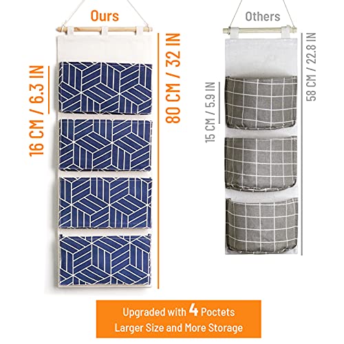 CROWNED 2Pcs Over Door Hanging Storage Bags Wall Mount Closet Organizer, 4 Big Pockets Linen Cotton Fabric Multi Functional Living Room Bedroom Bathroom File Magazine Waterproof Free Hooks Navy - color: Navy