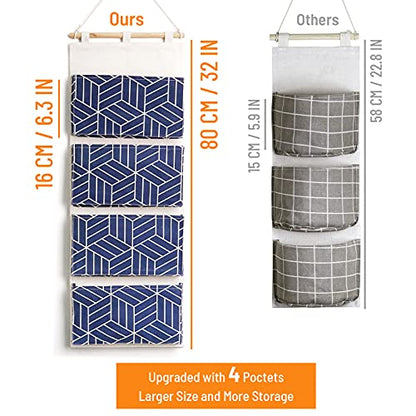 CROWNED 2Pcs Over Door Hanging Storage Bags Wall Mount Closet Organizer, 4 Big Pockets Linen Cotton Fabric Multi Functional Living Room Bedroom Bathroom File Magazine Waterproof Free Hooks Navy - color: Navy