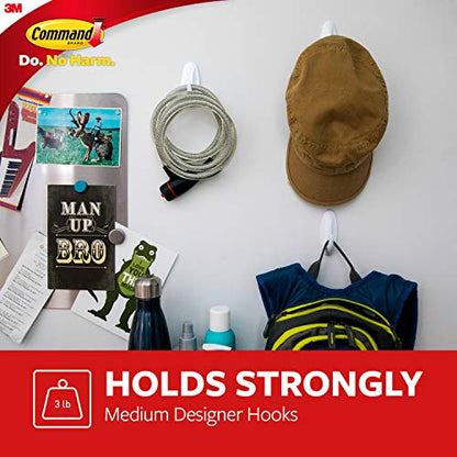 Command Medium Designer Hooks, 2 Hooks and 4 Strips, Damage-Free Hanging Wall Hook with Adhesive Strips, No Tools Great for Hanging, Organization and Storage, Holds up to 3 lb