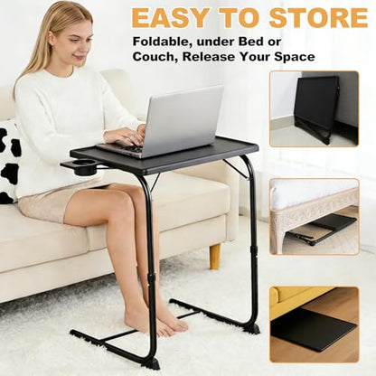 Adjustable TV Tray Table - 6 Height & 3 Tilt Angle Adjustments | Multifunctional Foldable Tray Table with Removeable Cup Holder for Eating or Working on Couch, Bed & Office
