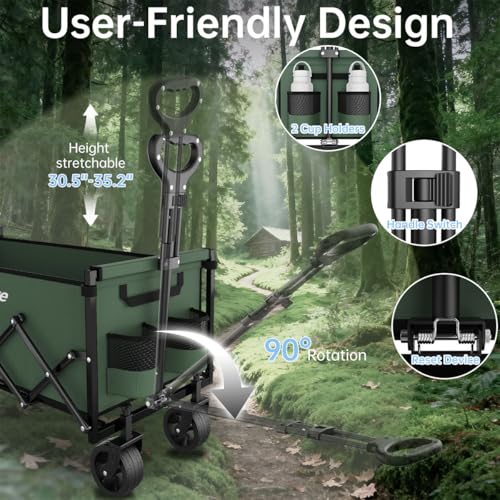 Extra Long Collapsible Wagon Cart, 480LBS Heavy Duty Utility Wagons with All-Terrain Wheels, Foldable Grocery Carts for Gardening, Shopping, Beach, Camping, Army Green - color: Army Green