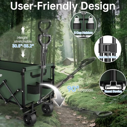 Extra Long Collapsible Wagon Cart, 480LBS Heavy Duty Utility Wagons with All-Terrain Wheels, Foldable Grocery Carts for Gardening, Shopping, Beach, Camping, Army Green - color: Army Green