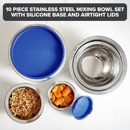 Viking Mixing Bowls Set, 10 Piece Stainless Steel Kitchen Cookware, Non-Slip Silicone Base, Includes Tight Fit Lids, Dishwasher Safe, Blue - color: Blue