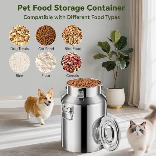 Newget 16lb Stainless Steel Dog Food Storage Container, Metal Pet Storage Container with Airtight Hangable Lid to Keep Food Fresh, Large Cat Food Storage Container with Scoop to Easily Clean - size: 16 lb