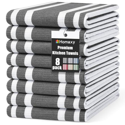 Homaxy Premium Kitchen Towels 18”x 28”, Large Cotton 380 GSM Kitchen Hand Towels, Stripe and Terry Dish Towel, Highly Absorbent Tea Towel Set with Hanging Loop, 8 Pack, Black - color: Black Stripe, style: 8-pack