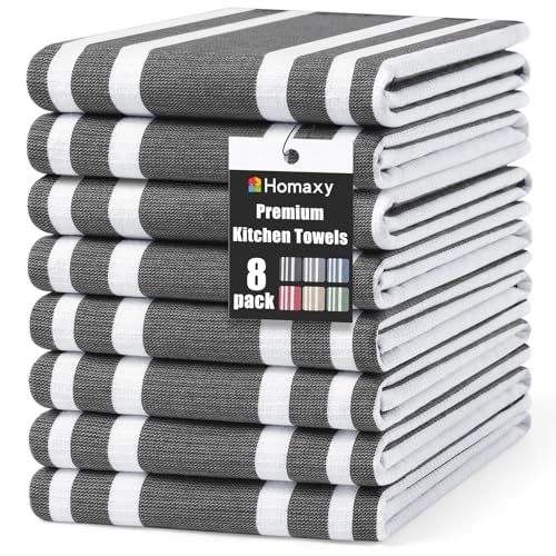 Homaxy Premium Kitchen Towels 18”x 28”, Large Cotton 380 GSM Kitchen Hand Towels, Stripe and Terry Dish Towel, Highly Absorbent Tea Towel Set with Hanging Loop, 8 Pack, Black - color: Black Stripe, style: 8-pack