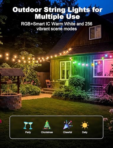 Outdoor String Lights APP Control with Remote, 64(52+12) ft RGB+IC+Warm White Outdoor Lights 18 LED Bulbs Music Sync for Garden Party Decor Christmas - size: 64FT S14-RGB Smart IC