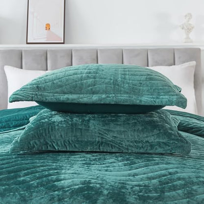 HoneiLife Queen Size Quilt Sets - Velvet Quilt for Queen Beds, Lightweight Bedspreads Solid Coverlets Queen Quilt Bedding Sets 3-Pieces, Blue-Green - color: Blue-green-velvet, size: Queen/Full-90"x96"