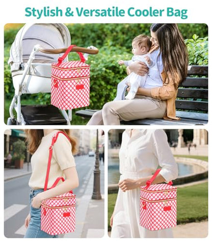 PIIOSER Breastmilk Cooler Bag with Ice Pack, Fits 6 Baby Bottles Up to 9 Oz, Stylish Baby Cooler Travel Bags with Shoulder Strap, Double Deck & Leakproof for Nursing & Working Mom-Red & White Striped - color: Red & White