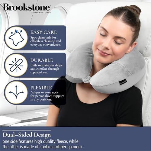 Brookstone Microbead Neck Pillow - Super Soft Cozy Lightweight Plush Travel Pillow with Phone or Headphone Pocket, Grey - color: Grey