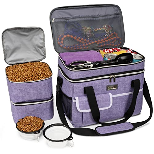BAGLHER Dog Travel Bag for Supplies - Double-Layer Airline Approved Weekend Pet Travel Organizer Set for Dog and Cat Tote with 2 Pet Food Containers and 2 Collapsible Silicone Bowls Purple - color: Purple, size: Large