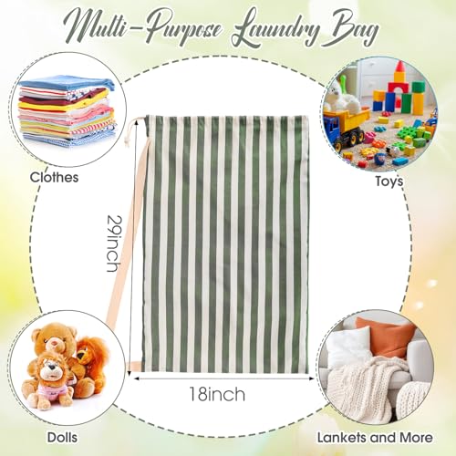 SATINIOR 2 Pcs Stripe College Laundry Bag Green Beige Canvas Travel Laundry Bags with Drawstring Shoulder Straps 29" x 18" Washable Dirty Clothes Hamper Organizer for Dorm Laundromat Apartment Camping - style: Stripe