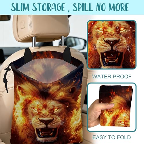Car Garbage Bag Firce Lion Burning Flame Hanging Canvas Car Trash Bag Drawstring Car Back Seat Organizer for Car Back Front Seat Console with Adjustable Buckle - color: Firce Lion Burning Flame