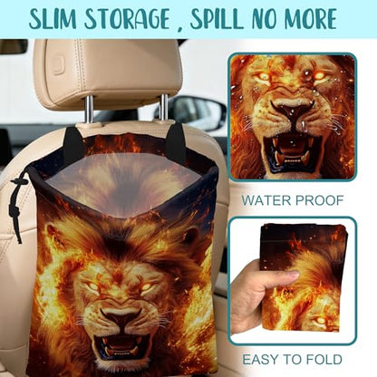 Car Garbage Bag Firce Lion Burning Flame Hanging Canvas Car Trash Bag Drawstring Car Back Seat Organizer for Car Back Front Seat Console with Adjustable Buckle - color: Firce Lion Burning Flame