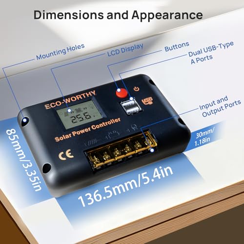 ECO-WORTHY 30A Solar Charger Controller Bluetooth,Solar Panel Battery Intelligent Regulator with Dual USB Ports Auto 12/24V PWM Negative Ground for Lithium,Lead-Acid,Gel Battery - style: 30A (Bluetooth)