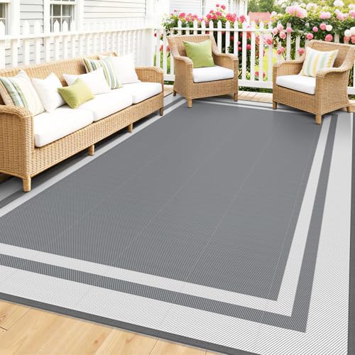 Mattitude Outdoor Rug Reversible Portable Plastic Straw Camping Rugs for Outside RV,Large Waterproof Outdoor Area Rugs for Patio,Deck,Porch,Balcony(8'x 10',White&Gray) - size: 8' x 10' (Rectangular)