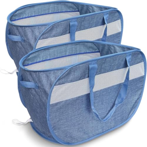 100L Mesh Pop Up Laundry Hampers with Handles, Extra Large Collapsible Laundry Baskets 2 Pack, Portable Travel Laundry Basket, Dirty Clothes Hamper Light Breathable, Bule. 2H - color: Blue, size: 2-Pack Horizontal