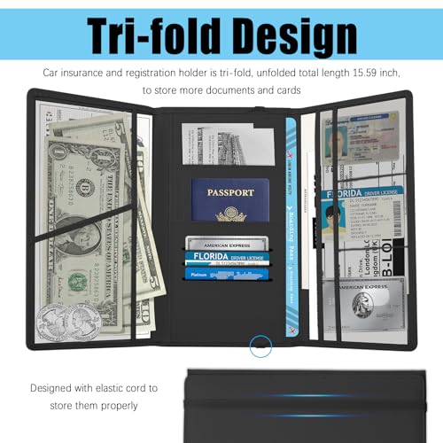 Tri-fold PU Car Registration and Insurance Holder,Multi-Pocket Car Registration and Insurance Card Holder for Cards,Papers,Documents,Portable Cars Document Holders Glove Box (Black)