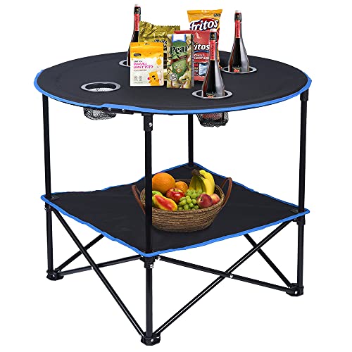 LEADALLWAY Folding Picnic Table Outdoor Camping Table Canvas Travel Table | Portable, Collapsible 4 Cup Holders and Carrying Bags, for Outdoor Picnic,Barbecue,Travel,Fishing (Black+Blue) - color: Blue
