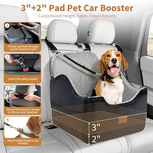 XEEP Dog Car Seat Bed for Small/Medium Dogs – Dog Booster Car Seat Up to 35 lbs -Use Travel Booster Seat with Memory Foam, Safety Belt, Bonus Urine Pad & Blanket, Removable Washable (Black/Grey)