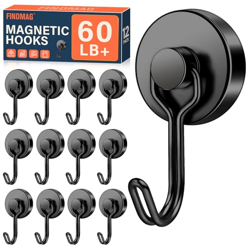 FINDMAG 60 LB+ Magnetic Hooks, 12 Pack Heavy Duty Neodymium Magnet Hooks for Hanging – Strong Magnet Hooks for Cruise Cabins, Refrigerator, Kitchen, Office, Garage, Locker, and Workplace - color: Black, size: 12Pack 60Lbs+