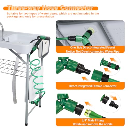 Fish Cleaning Table with 2 Sinks & Grid Rack - 42.5” Outdoor Fish Fillet Cleaning Station for Camping, Patio, Kitchen, RV & Beach