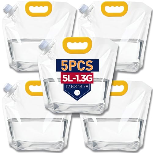 Collapsible Water Container Bag 5Pcs 1.3 Gallon, Freezable Plastic Foldable water Pouch Bag with Handles,Leak-Proof Plastic Storage Jug for Outdoor Sport Camping Emergency Survival - color: 5Pcs 1.3 Gallon Collapsible Water Container Bag