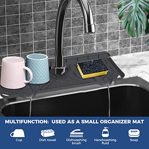 2 Pcs Silicone Faucet Handle Drip Catcher Tray Mat, 2 in 1 Dish Soap Sponge Holder for Kitchen Sink & Sink Splash Guard, Silicone Faucet Mat Drying Mat for Kitchen Sink Accessories, Counter, Bathroom - size: Black(2Pack): 14.25"x5.35"