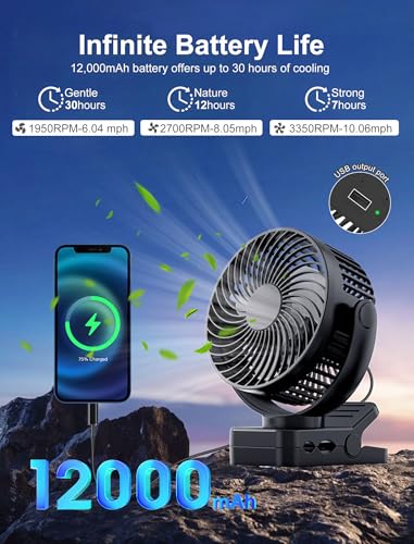 2-Pack Magnetic Clip on Fan for Golf Cart, 12000mAH Battery Operated Portable Fan with 3 Speeds, LED Lantern, Magnetic Base, Suitable for EZGO Club Car Yamaha, Golf Cart & Cruise Ship Accessories - size: 2-Pack