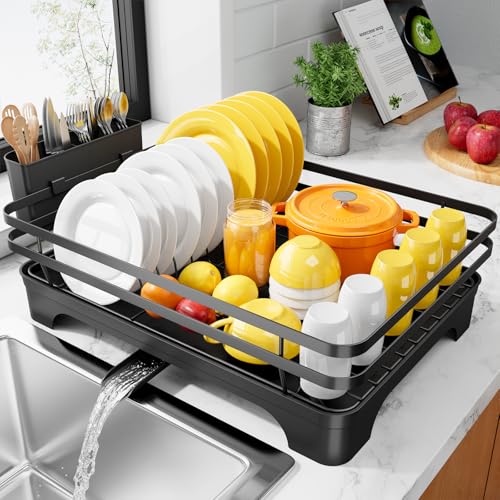 Kitsure Dish Drying Rack - Multi-Functional Dish Rack for Kitchen Counter with Cutlery Holder, Rust-Proof Storage Solution with Rotatable, 15.7" x 12.0" x 5.5", Black - color: Black