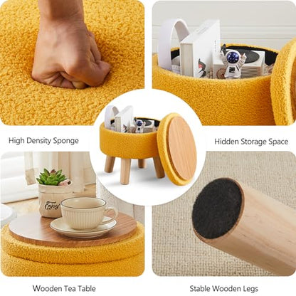 Wimarsbon Storage Ottoman, Modern Round Footrest with Soft Padded Seat, Teddy Velvet Footstool with Wood Legs, Accent Small Table or Plant Stand for Hallway, Living Room (Brilliant Yellow) - color: Brilliant Yellow