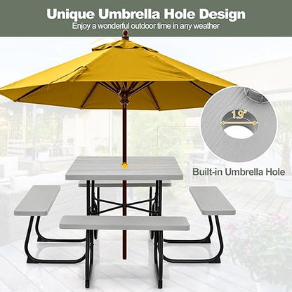 Tangkula 8 Person Picnic Table, Outdoor Square Picnic Table with 4 Built-in Benches, Umbrella Hole, Metal Frame & HDPE Tabletop, Outside Table and Bench Set for Backyard, 2300lbs Weight Capacity - color: Grey