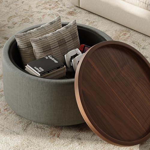 30'' Round Storage Ottoman Coffee Table with Walnut Tray, Round Ottoman with Storage, Modern Upholstered Coffee Table with with 4 Casters for Living Room, Linen Fabric, Dark Grey - color: Dark Grey