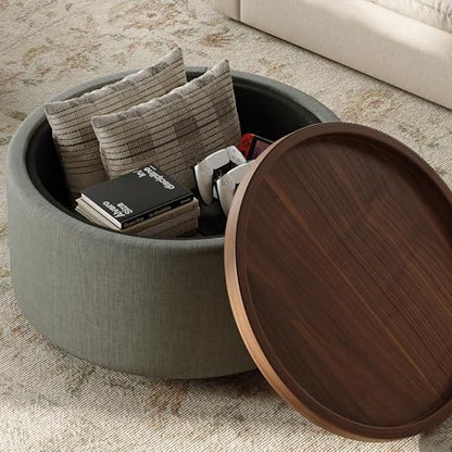 30'' Round Storage Ottoman Coffee Table with Walnut Tray, Round Ottoman with Storage, Modern Upholstered Coffee Table with with 4 Casters for Living Room, Linen Fabric, Dark Grey - color: Dark Grey