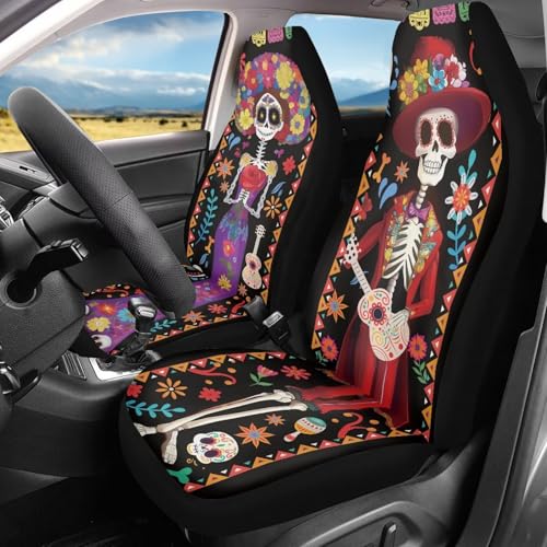 Bulopur Day of The Dead Car Seat Covers for Women Girly Front Car Seat Covers Set of 2 Washable Cloth Elastic Vehicle Bucket Protectors Automotive Interior Accessories Fit for SUV Truck Van Sedans - color: Day of the Dead Print