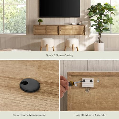 mopio Lauren Floating TV Shelf, Multi-Purpose Modular Under TV Display Shelf, Wall Mounted Wood Television Cabinet, Nightstand, Side Table, End Table, Bedside Shelves for Bedroom (Oak, 62", Twin) - color: Oak, size: Twin