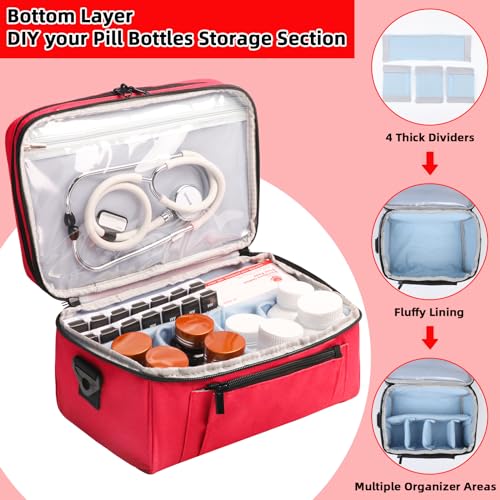 Tesuko Medicine Bag for Traveling with Portable Small Pouch, Double Layer Pill Bottle Organizer Storage Case with Lockable Zippers, Carrying Medication Travel Case with Shoulder Strap (Bag ONLY), Red
