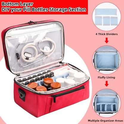 Tesuko Medicine Bag for Traveling with Portable Small Pouch, Double Layer Pill Bottle Organizer Storage Case with Lockable Zippers, Carrying Medication Travel Case with Shoulder Strap (Bag ONLY), Red