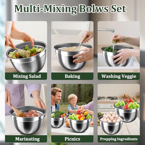 Mixing Bowls with Lids Set, 16PCS Stainless Steel Mixing Bowls,Nesting Storage Bowls for Kitchen with Mixing Bowls Set, Colander, Strainer & Grater , Metal Salad Bowl for Kitchen Gadgets , Cream - color: Cream