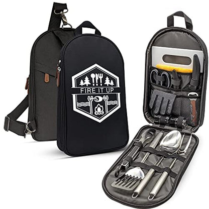 BOMKI Grilling and Camping Cooking Utensils Set for The Outdoors BBQ - Camping Utensil Set Camping Kitchen Set Cookware Accessories with Case Camping Essentials Camping Stuff Camp Cooking Set - style: Black Lite