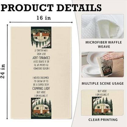 Camping Kitchen Towels 16x24 Waffle Weave, I Never Dreamed I’d Grow Up to Be a Super Sexy Camping Lady Dish Towels, Camp RV Gifts for Women, Gifts for Campers -A06 - color: Camping_06