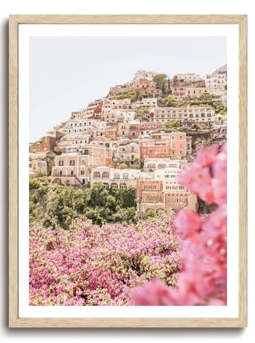 KISSFOX OAK Wood Framed Wall Art Coastal Wall Decor Beach Canvas Art Flower Pictures Landscape Paintings Travel Posters Aesthetic Artwork For Bedroom Office Living room - color: Amalfi Coast 2, size: 12x16 Wood