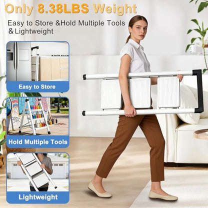 3 Step Ladder with Handrail Folding Step Stool with Tool Tray | 500LBS Capacity Sturdy Carbon Steel Frame Anti-Slip Stripe Pedal for Home Kitchen Garage (white-3step) - color: White-tool, size: 3 step