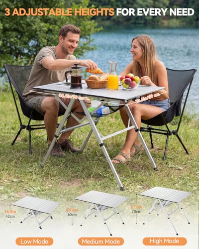 Sportneer Camping Table: 35.4"x23.6" Large Bi-Fold Portable Folding Table with Fast Open Design, 3 Adjustable Heights Aluminum Tabletop for Camping Picnics Fishing BBQs & Backyard Use - color: Silver
