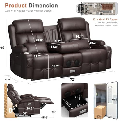 Power RV Loveseat Recliner Sofa, Reclining Loveseats Couch for RV Furniture, Home Theater Seating with Heat Massage, Flip Backrest, USB, Cup Holders, 150° Wall Hugger RV Recliners Sleeper Sofas - color: Flip Back Brown, size: Loveseat-G1-Power