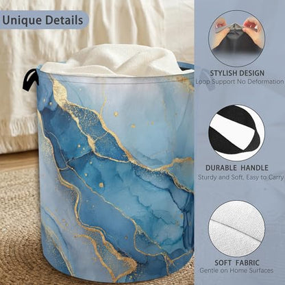Blue Gold Marble Laundry Basket,Foldable with Handles Tote Bag Oxford Cloth for Bathroom Bedroom Dirty Clothes Storage Bucket 16" x 20.8" - color: Blue Gold Marble